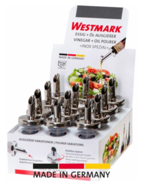 Display mit 12 Stk. Ausgiesser Inox Öl-Spezial