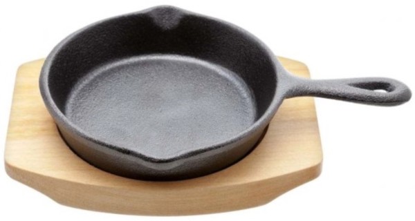 Gusseisen Bratpfanne m. Holzbrett 10.5cm
