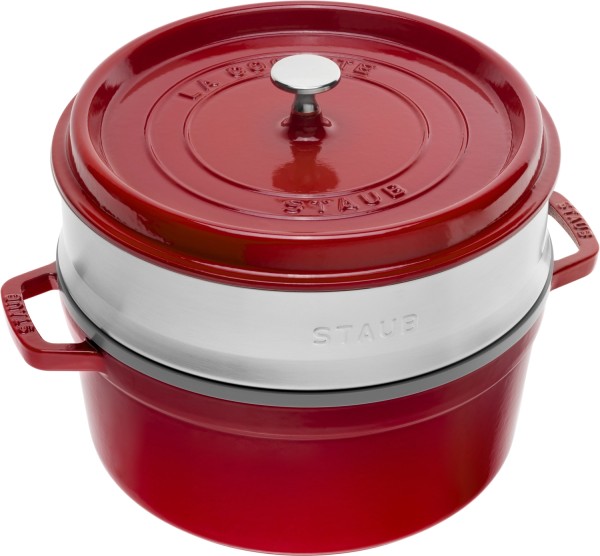 Cocotte mit Dämpfeinsatz 26cm, rund, Kirsch-Rot, Gusseisen