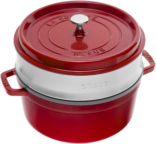Cocotte mit Dämpfeinsatz 24cm, rund, Kirsch-Rot, Gusseisen