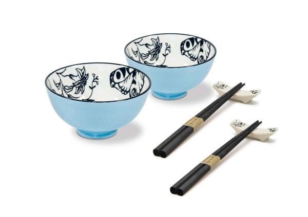 2er Set Schüsseln mit Stäbchen und ablage, blau D:11.5 H:6cm