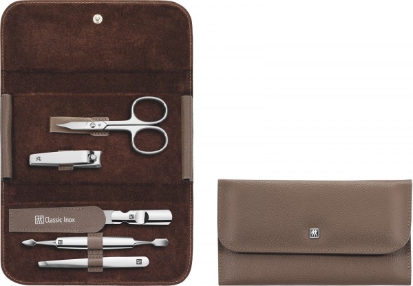 Druckknopf-Etui, Rindleder, fango, 5-tlg., m. Knipser