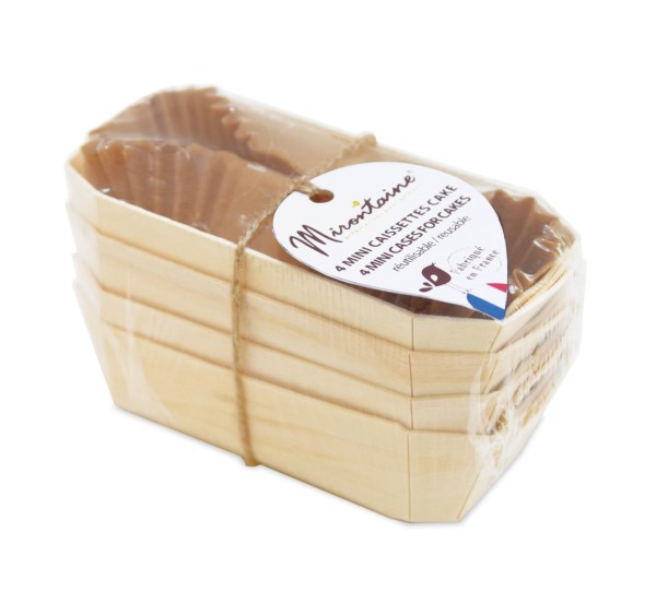 4 Stk. Mini Kuchenbackform 12x6cm aus Holz mit 8 Backpapier