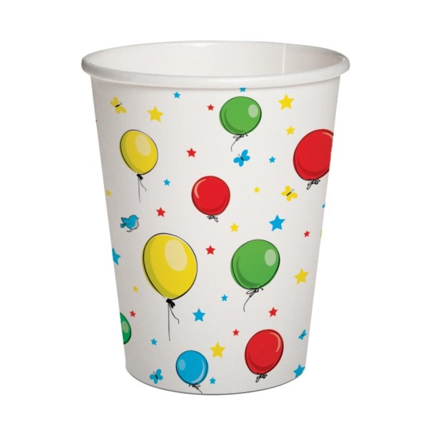 Pappbecher 8x Ballon weiss/farbig, 9.5x5.5x8cm - 0.25l
