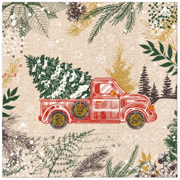 Servietten Lunch 20x We care Vintage Christmas Car, 33x33cm