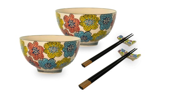 2er Set Schüsseln mit Stäbchen und Ablage blau, D:11.5 H:6cm