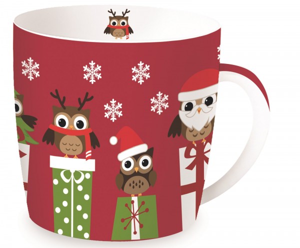 Christmas Owls Porzellanbecher in GB "Eulen", rot, 350 ml
