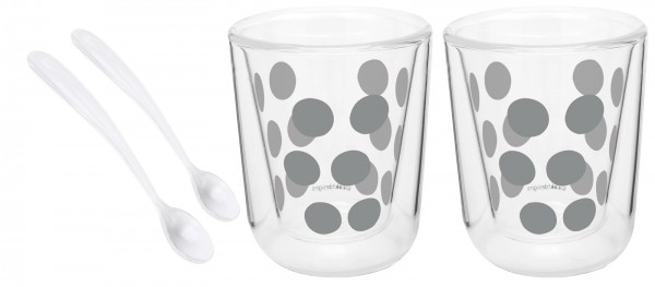 Dot Dot 2 Espressoglas silber doppelw. + 2 Löffel weiss