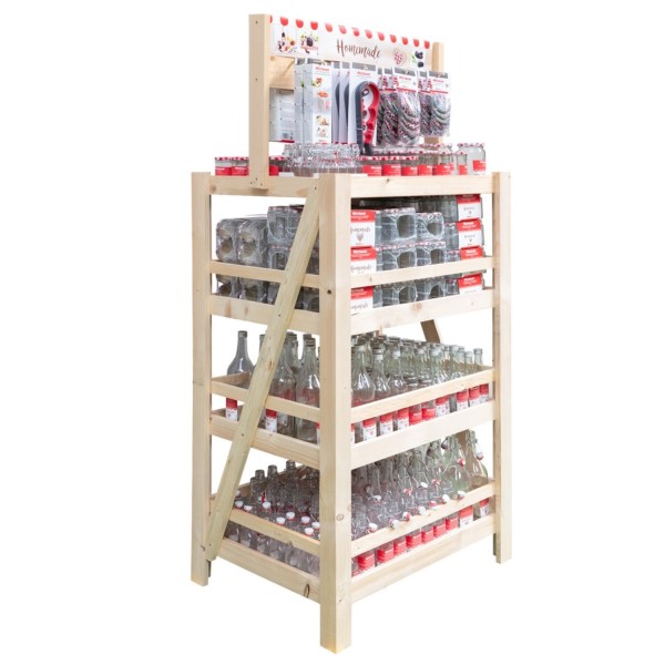 Einkoch-Holzdisplay Flaschen u. Gläser bestückt