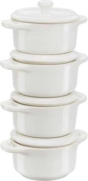 4er Set Keramik Mini Cocotte rund weiss 0.2l D10cm