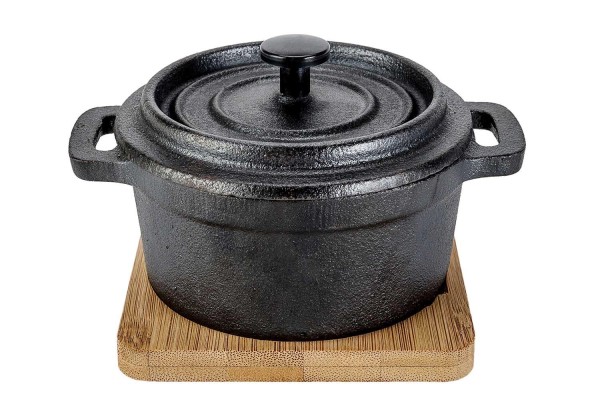 Gusseisentopf mit Bambus Untersetzer, 13.5x10.5x8cm