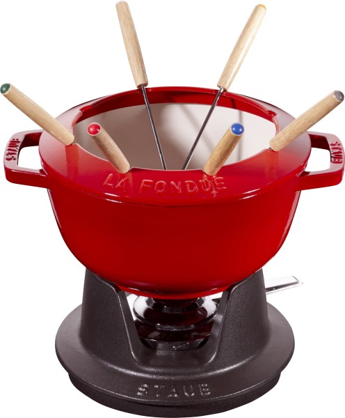 Fondue Set Kirsch-Rot m. 2 Griffen, rund. 20cm