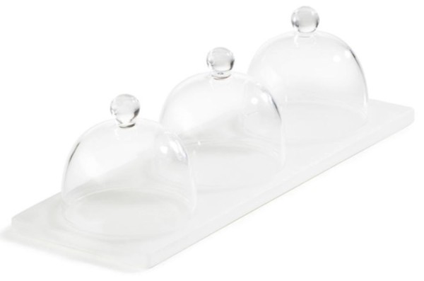 Sweety Tablett mit 3 Glasglocken 25x9x7.5cm Nacryl weiss