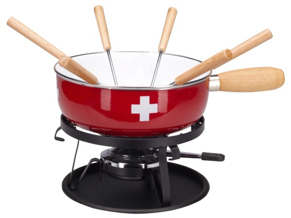 Käsefondue-Set, Emaille CH-Kreuz,9-teilig,Ø22 cm,rot