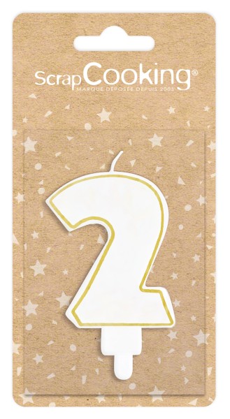 Kerze Nummer 2 weiss mit Goldrand 8cm