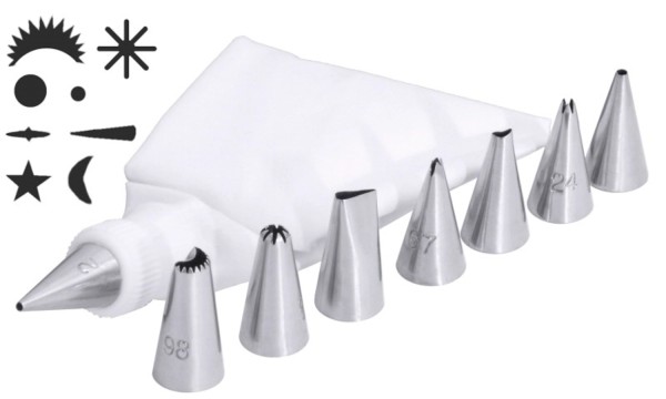 Minispritztüllen-Set mit 8 Tüllen, Adapter und Spritzbeutel