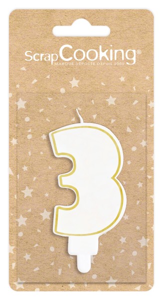 Kerze Nummer 3 weiss mit Goldrand 8cm