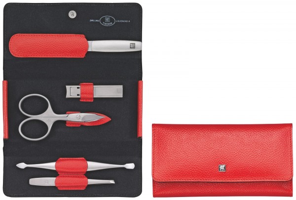 Druckknopf-Etui, Rindleder, rot, 5-tlg., m. Knipser