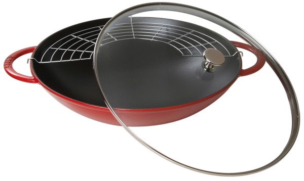 Wok Kirsch-Rot mit Glasdeckel 5.7 lt., 37cm
