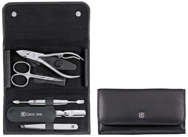 5tlg. Druckknopf-Etui Rindleder, schwarz