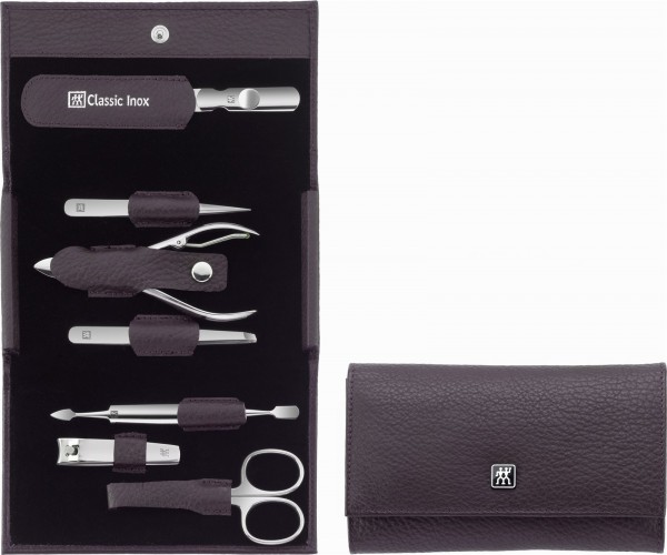 Druckknopf-Etui, Rindleder, lila, 7-tlg., m. Knipser