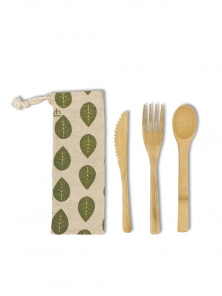 3er Set Bambus Besteckset in Leinenbeutel Blätter 16cm
