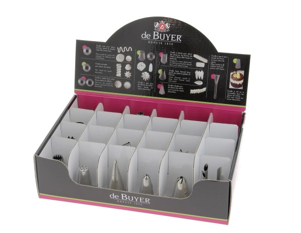 Display mit 120 Edelstahl-Spritztüllen assortiert