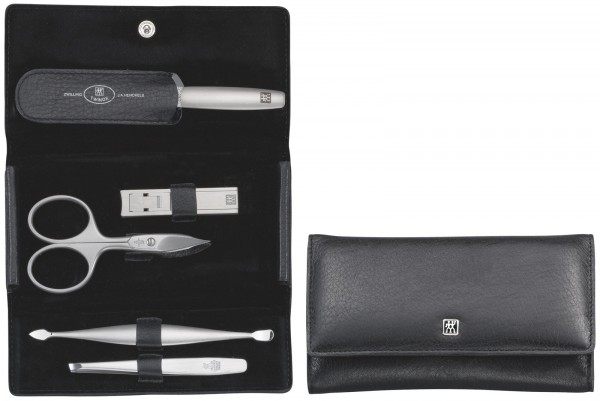 Druckknopf-Etui, Nappaleder, schwarz, 5-tlg., m. Knipser