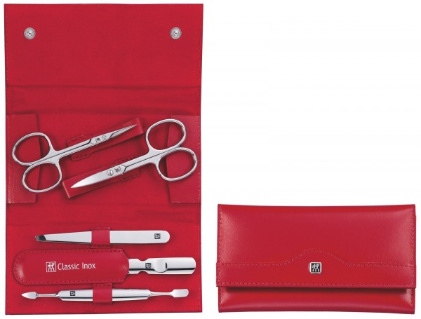 Druckknopf-Etui, Rindleder, rot, 5-tlg.