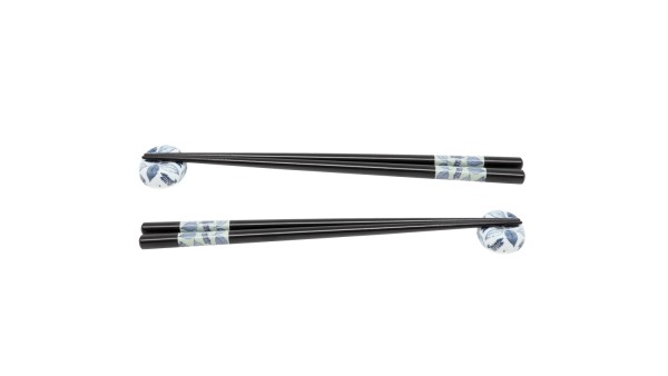 2er Set Stäbchen mit Stäbchenablagen, weiss mit Blätter