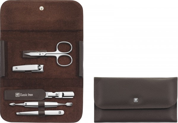 Druckknopf-Etui, Rindleder, braun, 5-tlg., m. Knipser