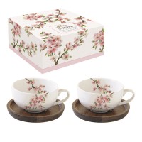 Sakura, 2er Kaffetassen mit Akazien Untersetzer, 120ml