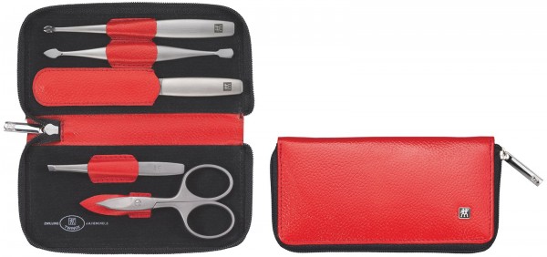 Reißverschluss-Etui, Rindleder, rot, 5-tlg.