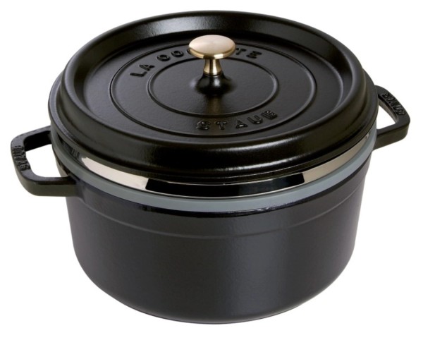 Cocotte mit Dämpfeinsatz 26cm, rund, Schwarz, Gusseisen