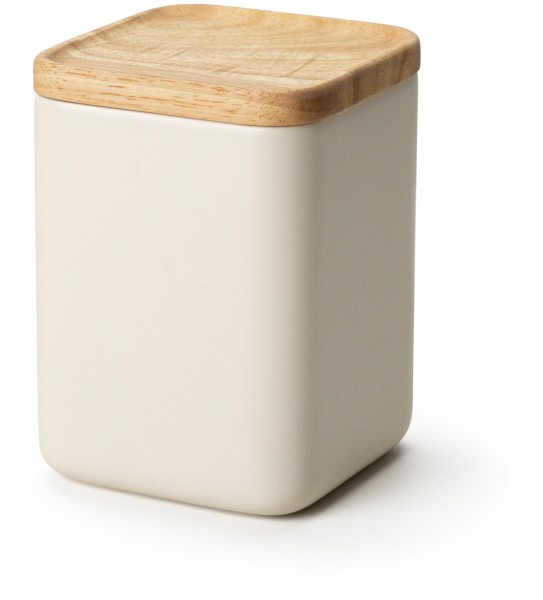 Keramik Vorratsdose sand mit Holzdeckel GB 10.5x10.5x14.5cm