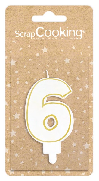 Kerze Nummer 6 weiss mit Goldrand 8cm